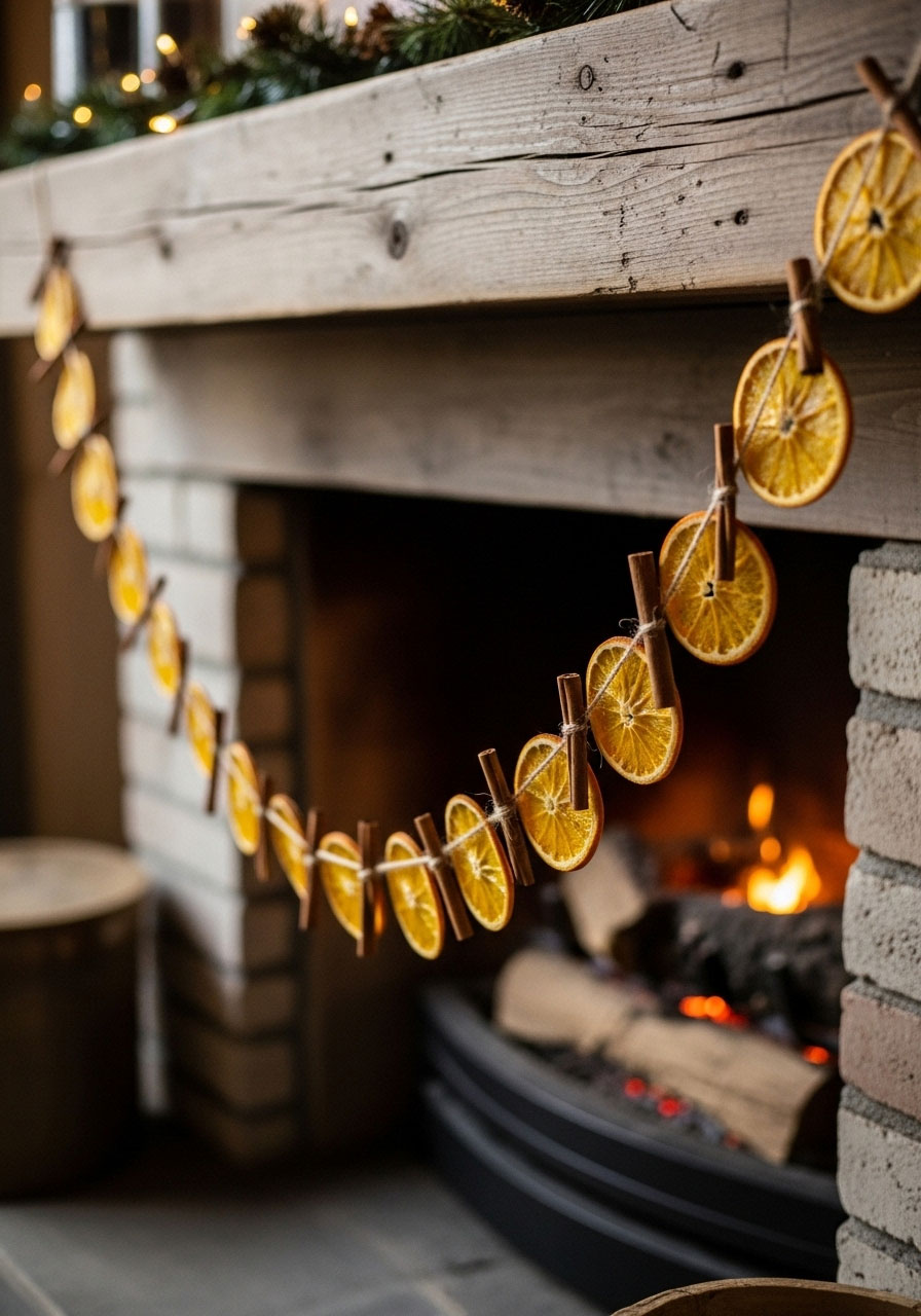 Handmade dried orange slice garland with cinnamon sticks draped on mantel for natural rustic Christmas decoration