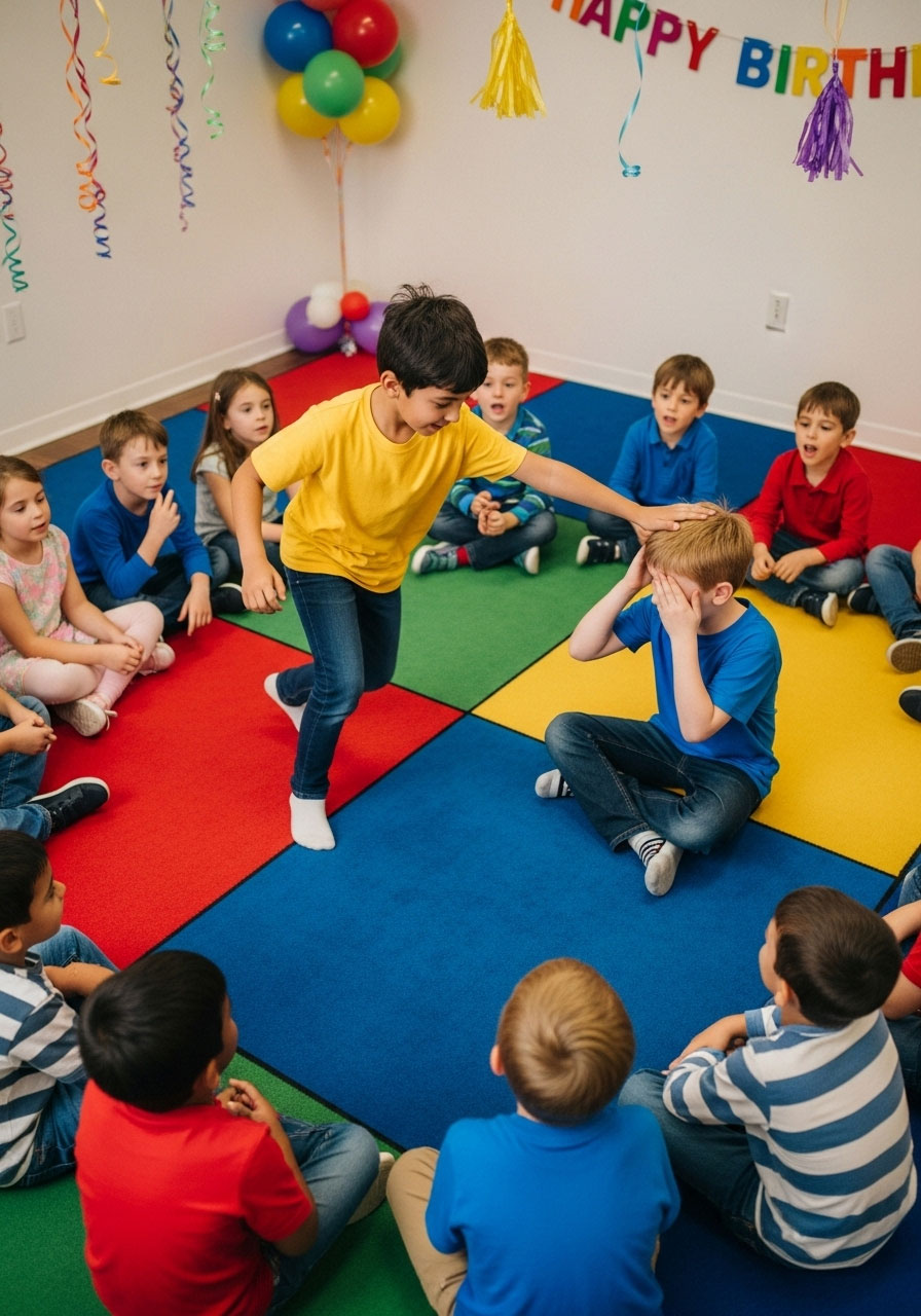 Children playing duck duck goose in circle at indoor birthday party with one child running