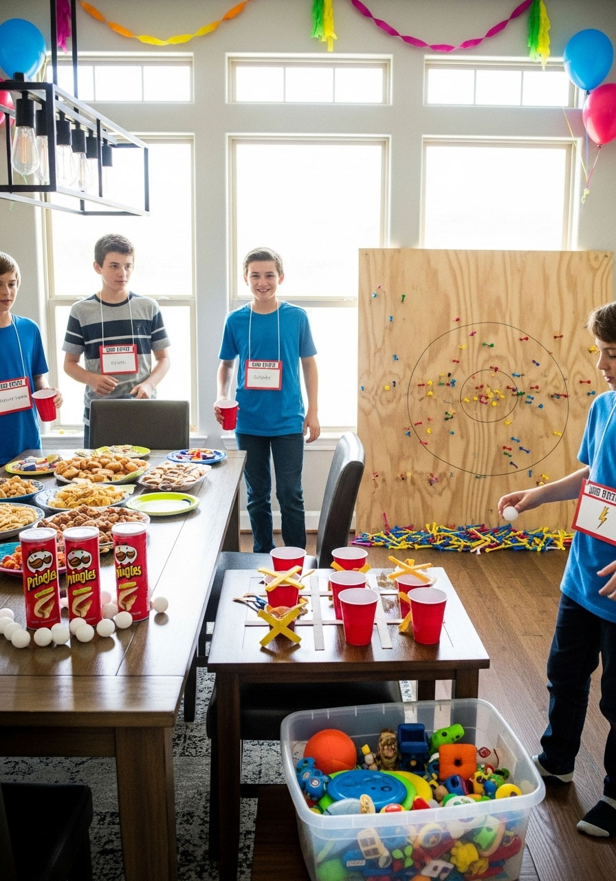 Complete Dude Perfect themed birthday party setup showing multiple game stations and prize system with sticker name tags