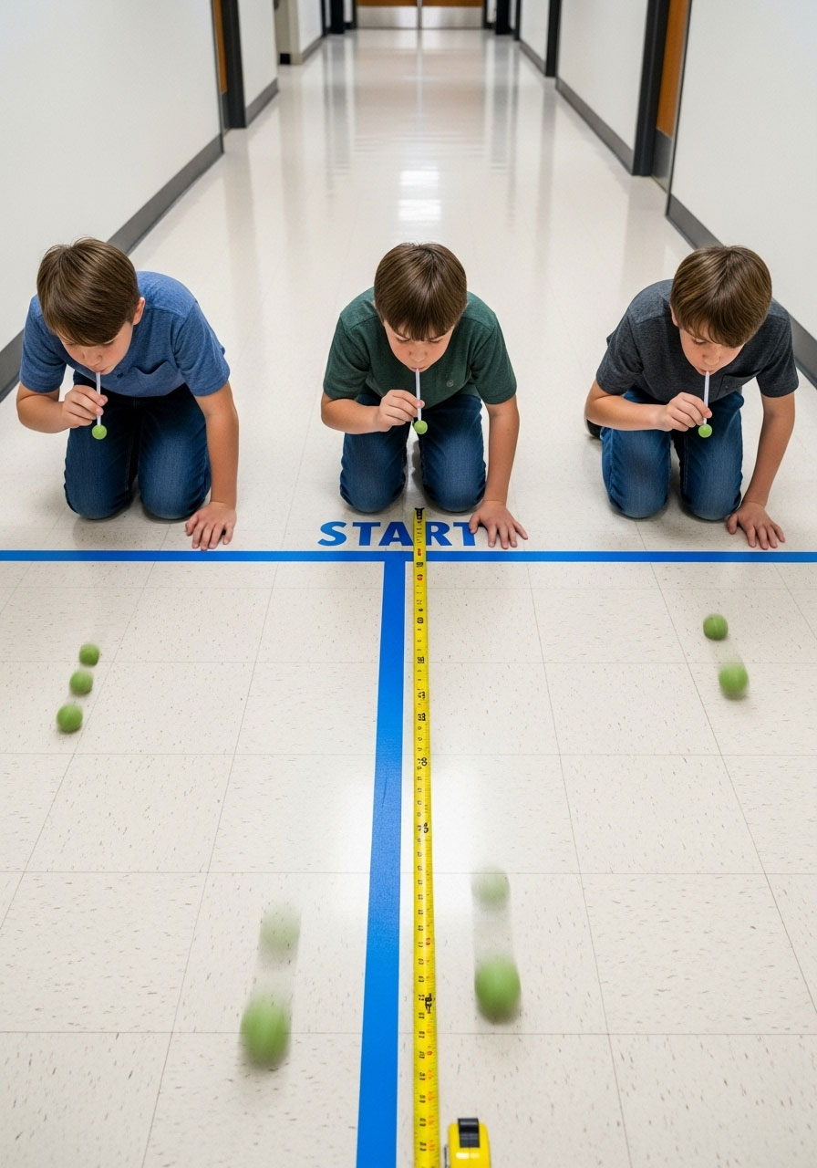 Kids playing pea blowing distance challenge game at Dude Perfect themed birthday party with straws and measuring tape on floor