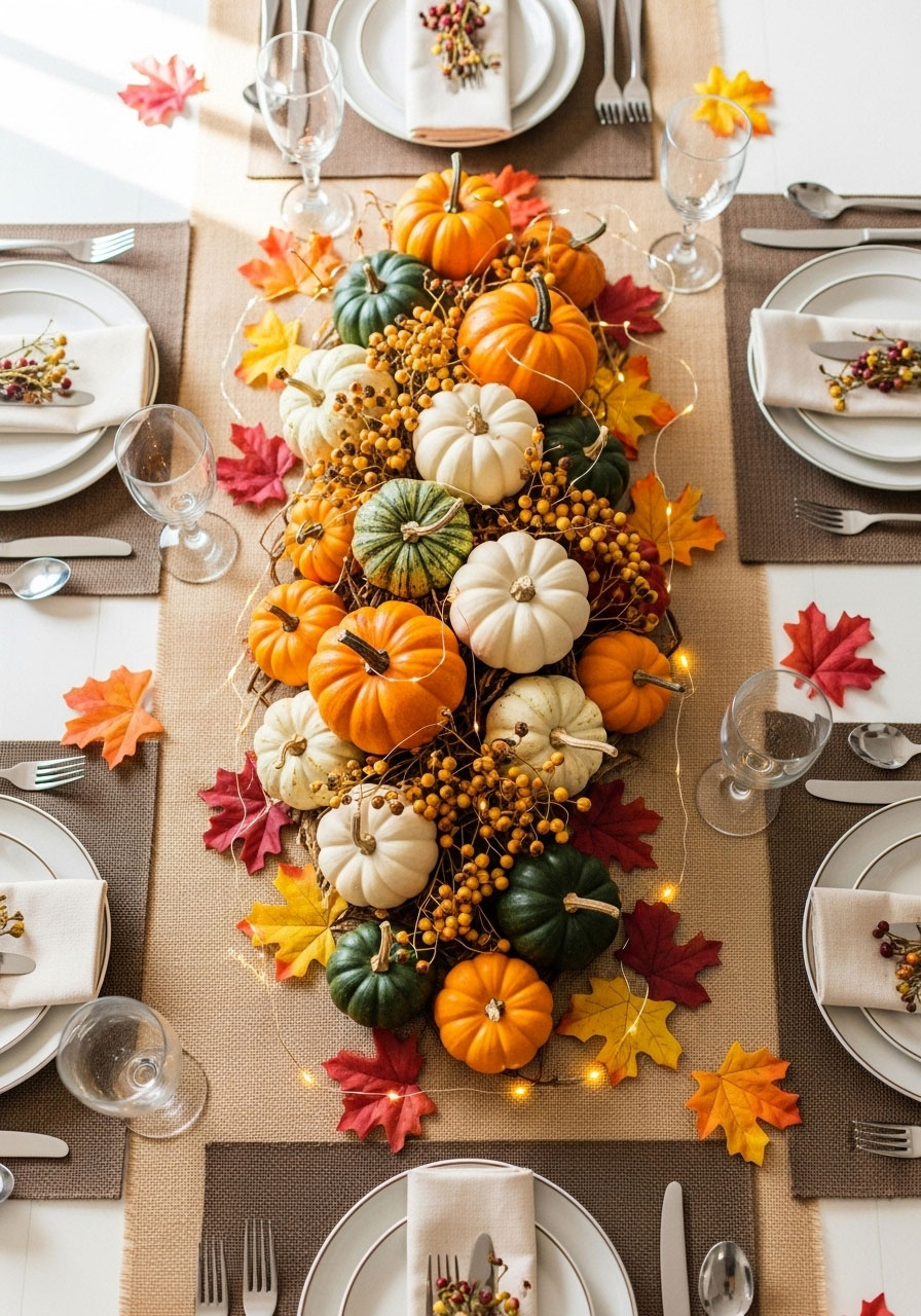 Easy Thanksgiving table decorations featuring mini pumpkins, burlap runner, fall leaves, and twinkling fairy lights