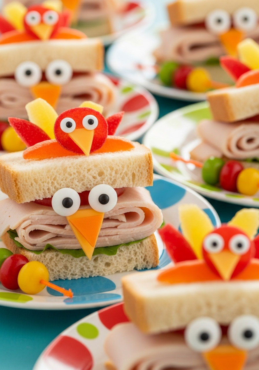 Adorable turkey-shaped sandwiches with candy eyes and cheese beak, perfect for kids Friendsgiving party lunch