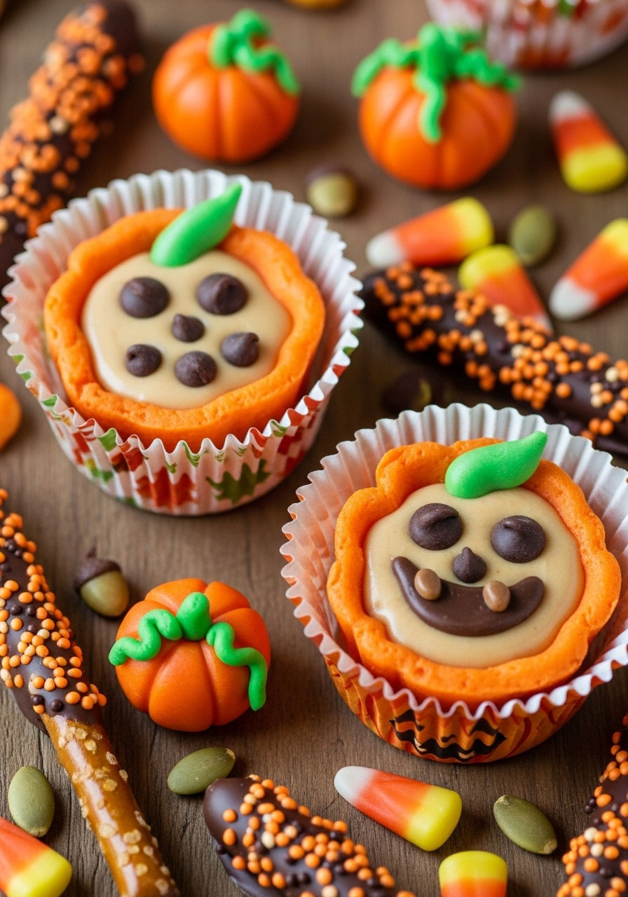 Edible pumpkin candy cups craft with chocolate faces for kids