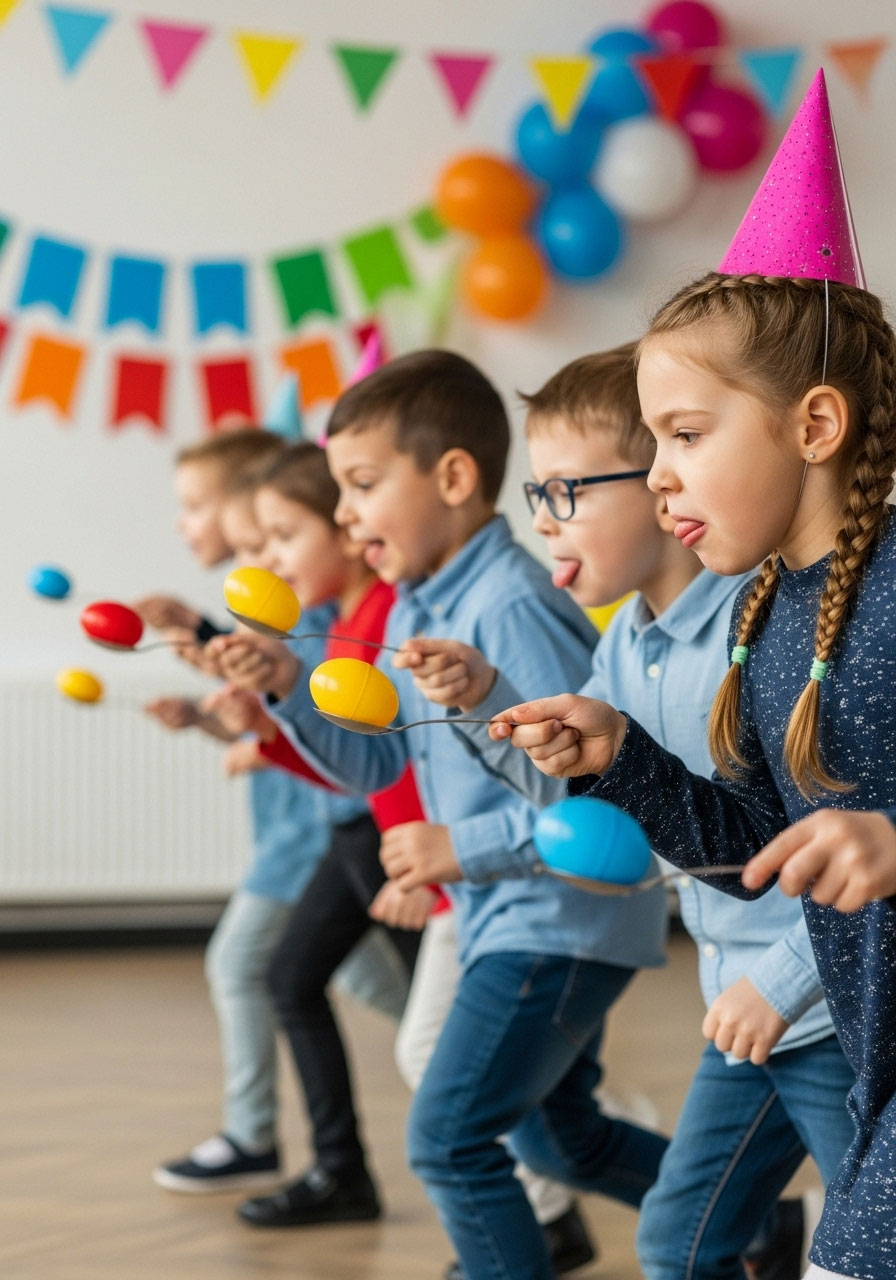 Children balancing eggs on spoons during race at indoor birthday party game