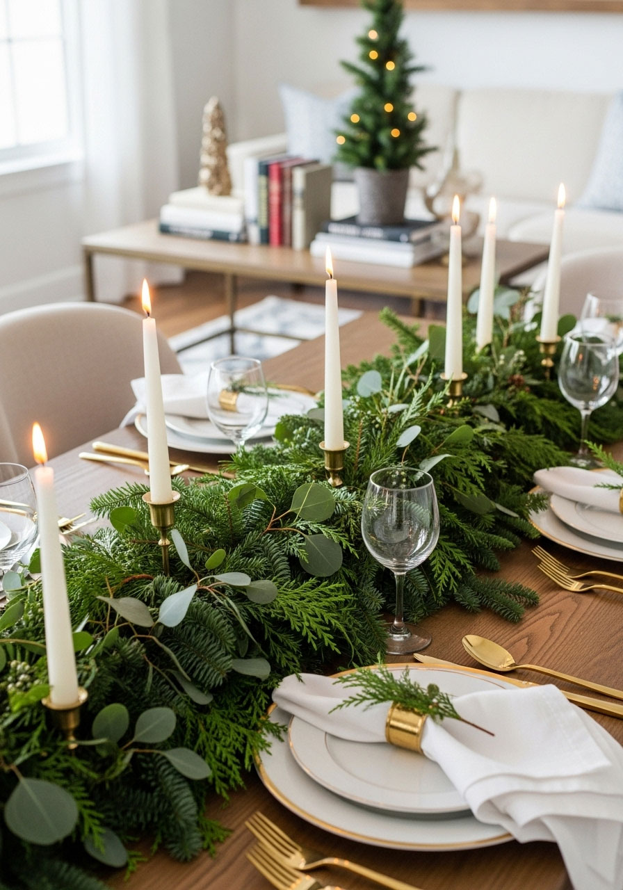 Elegant Christmas dining table with fresh greenery centerpiece, taper candles, and styled place settings for holiday dinner party