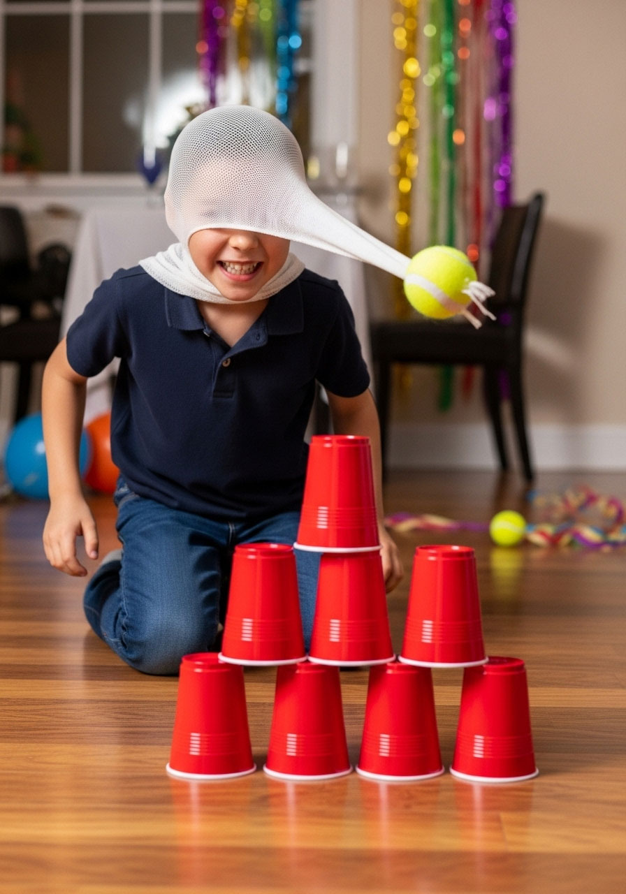 Child swinging pantyhose trunk to knock cups during elephant march birthday party game