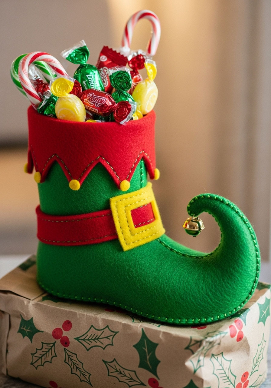 Elf shoe treat bags made from felt with candy inside for Christmas gift crafts to make and sell