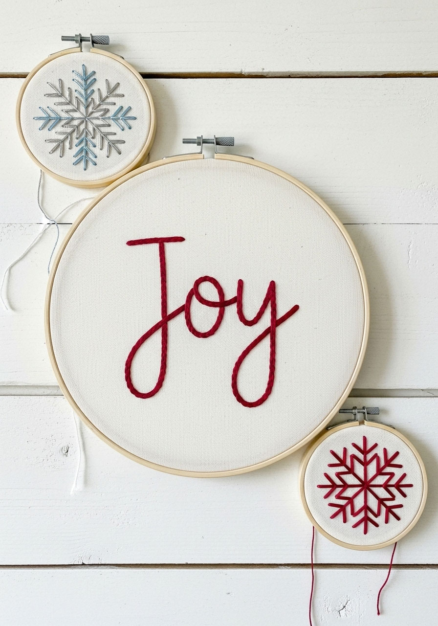 Embroidery hoop Christmas wall art adult craft, modern farmhouse holiday decoration with hand-stitched designs