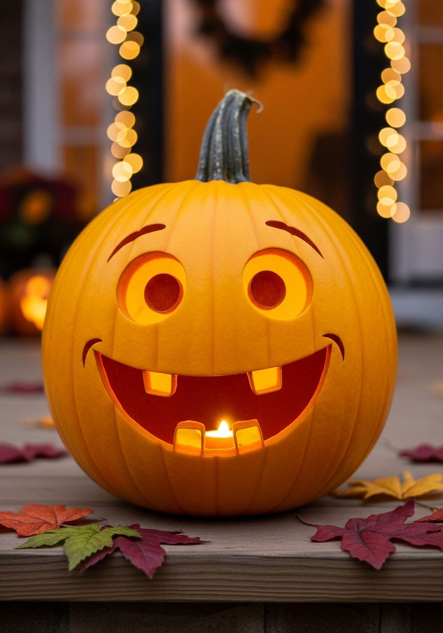 Yellow emoji pumpkin with expressive face showing modern fun decoration idea for kids and teens