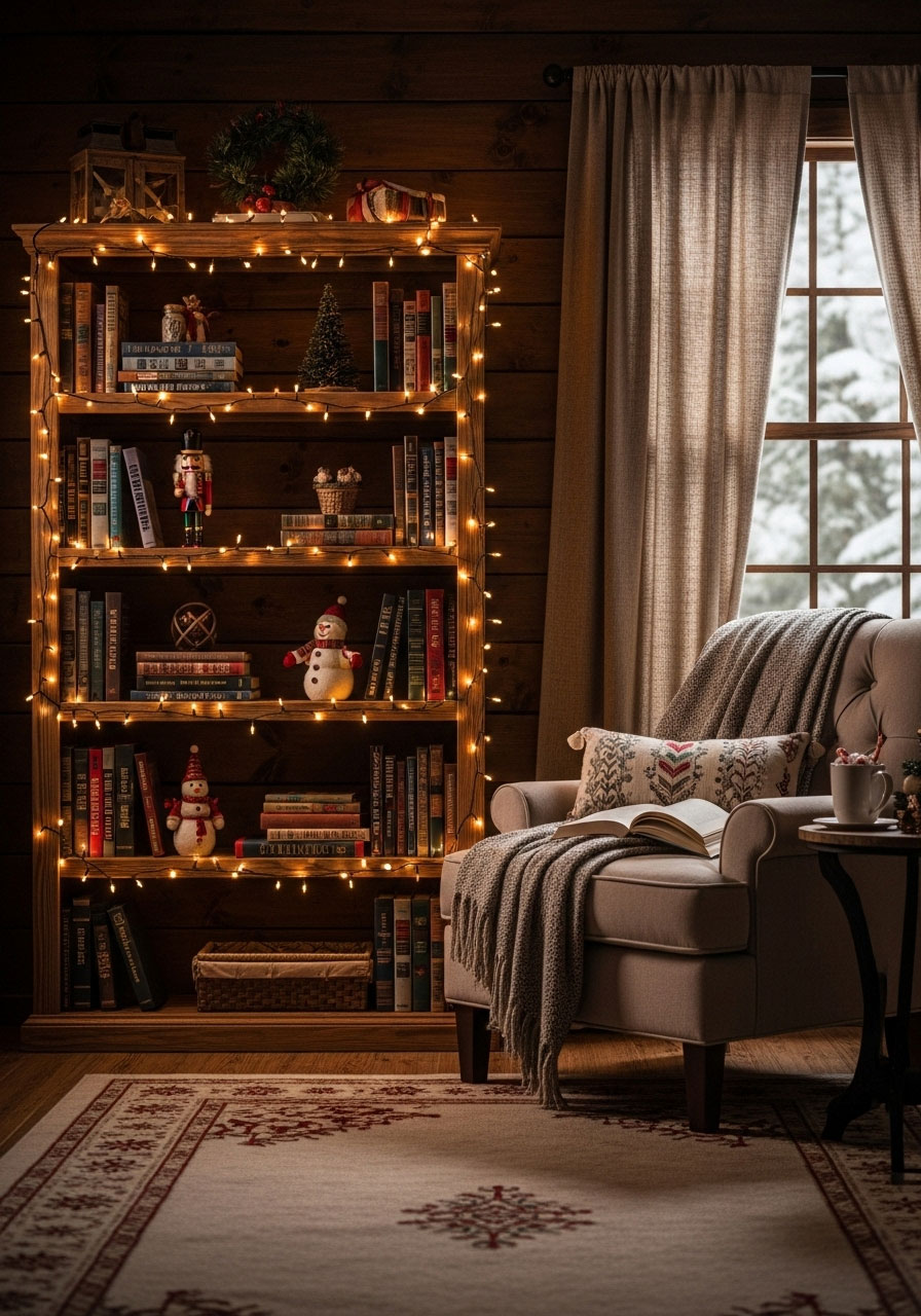 Cabin library with bookshelves decorated with fairy lights, Christmas figurines, comfortable reading chair, and holiday books