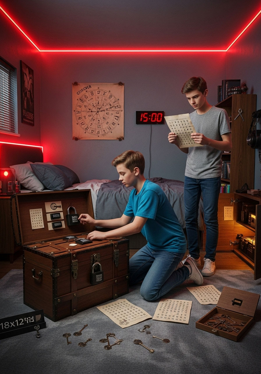 Teenagers solving escape room puzzles and unlocking chest during home birthday scavenger hunt