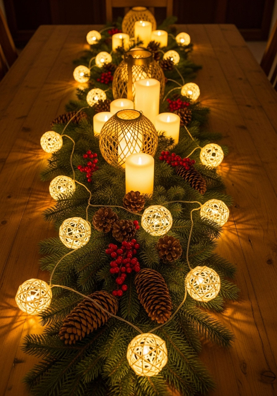 Evergreen and string lights Christmas table runner centerpiece with pinecones and berries