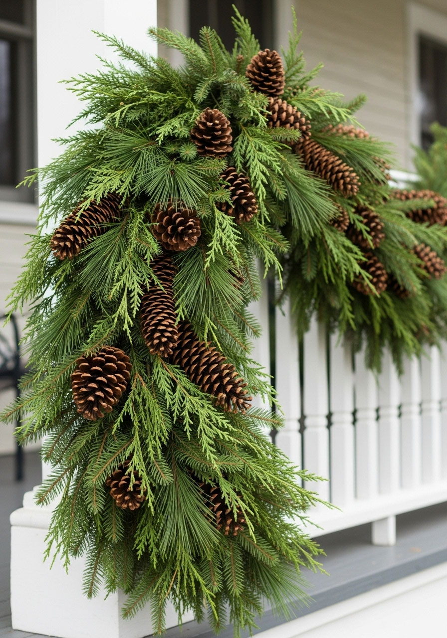 Beautiful finished evergreen and pinecone garland on porch railing showing lush dense arrangement