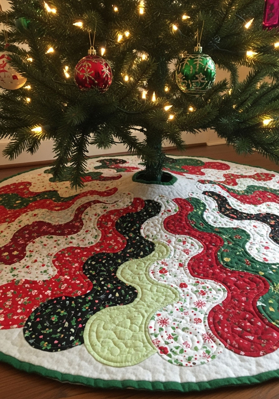 Handmade patchwork tree skirt with colorful layered fabric scraps for eco-friendly unique Christmas decoration