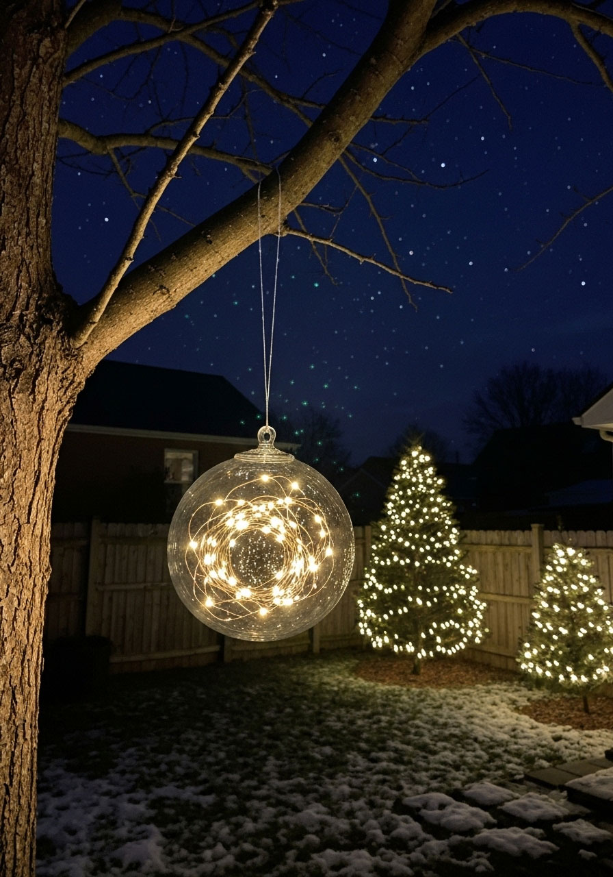 DIY glowing fairy light globe hanging from trees