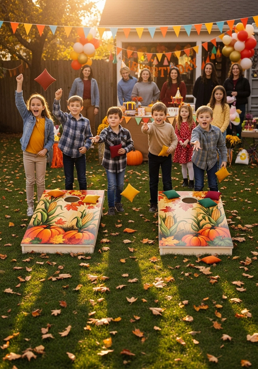 Children competing in corn hole tournament with autumn decorated boards and fall colored bean bags at backyard birthday party