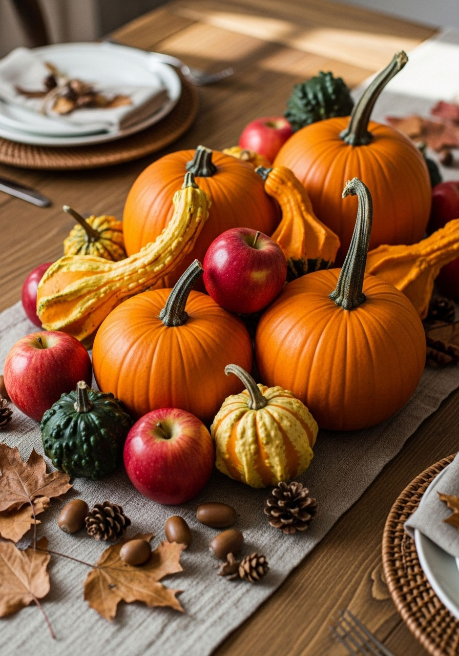 Natural fall decorations with pumpkins, gourds, and red apples for a kids Friendsgiving party table centerpiece