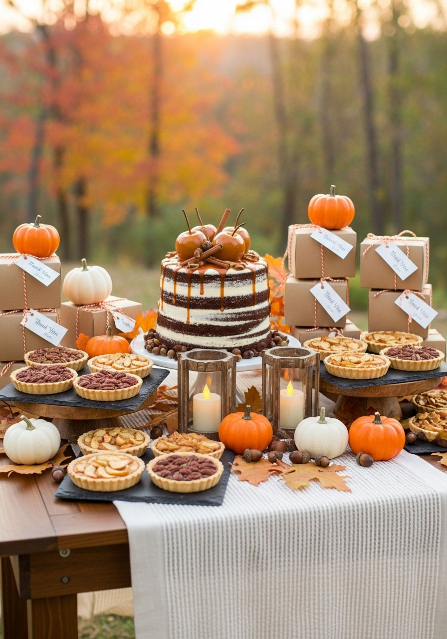 Fall dessert table with chocolate caramel apple cake and take-home boxes for ladies lunch party
