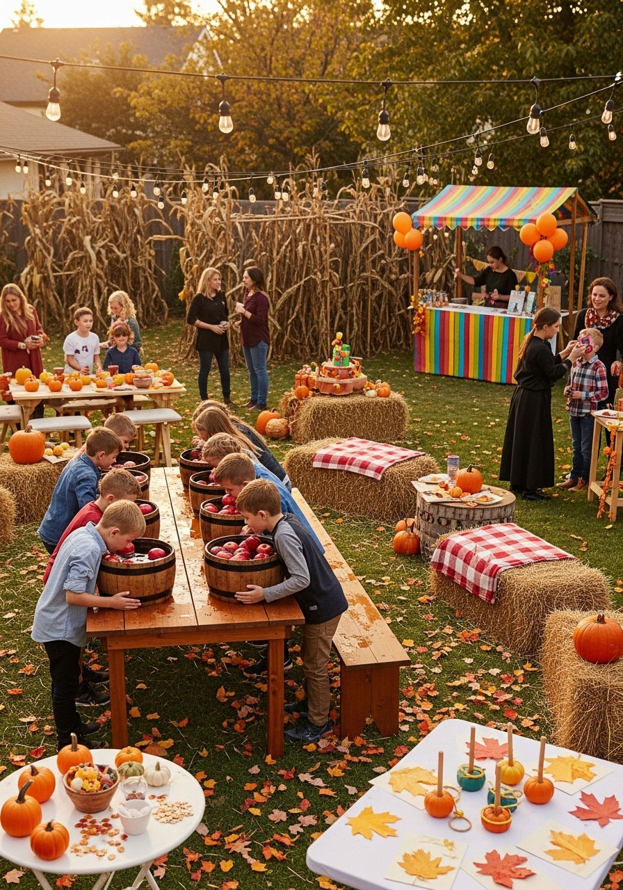 Backyard fall festival birthday party with apple bobbing, face painting booth, hay bales, and multiple activity stations for children