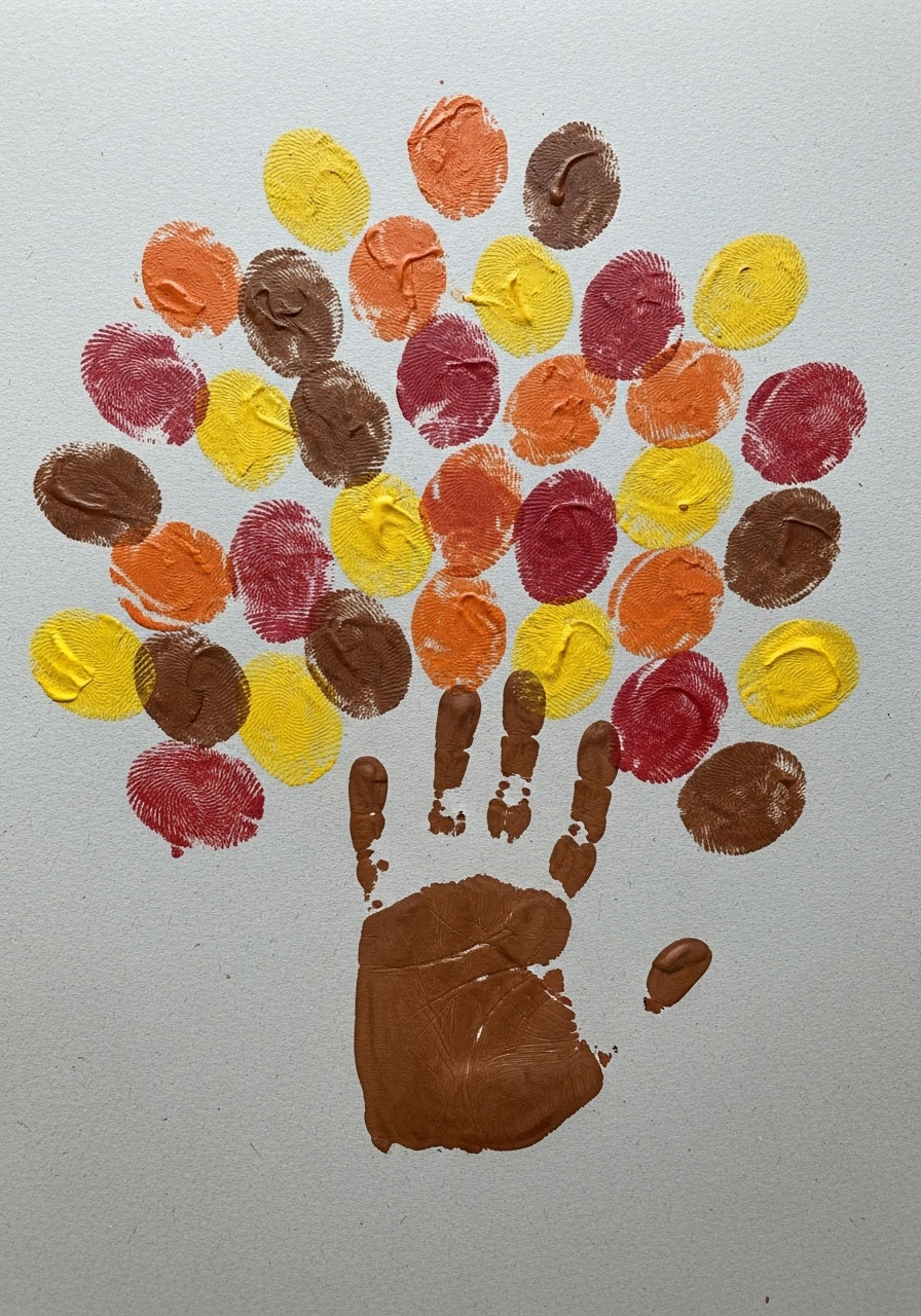 Fall handprint tree with colorful fingerprint autumn leaves craft for children