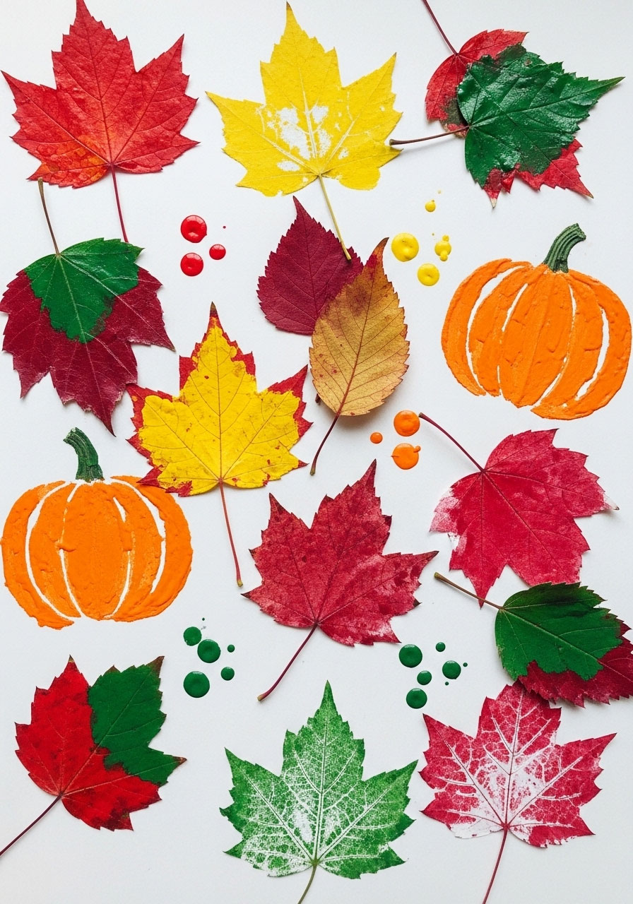 Fall leaf painting craft showing real leaves creating colorful prints on paper