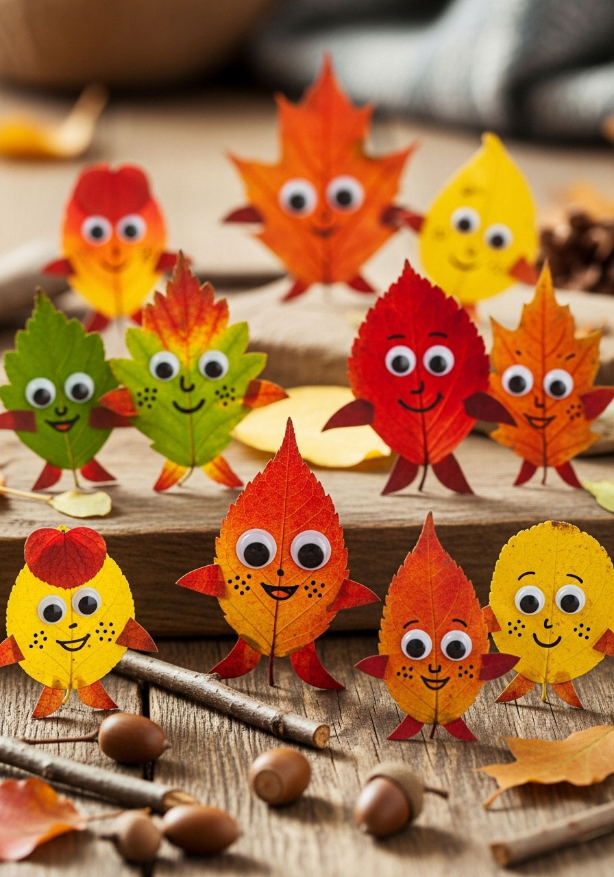 Fall leaf people craft made with real autumn leaves and googly eyes for children
