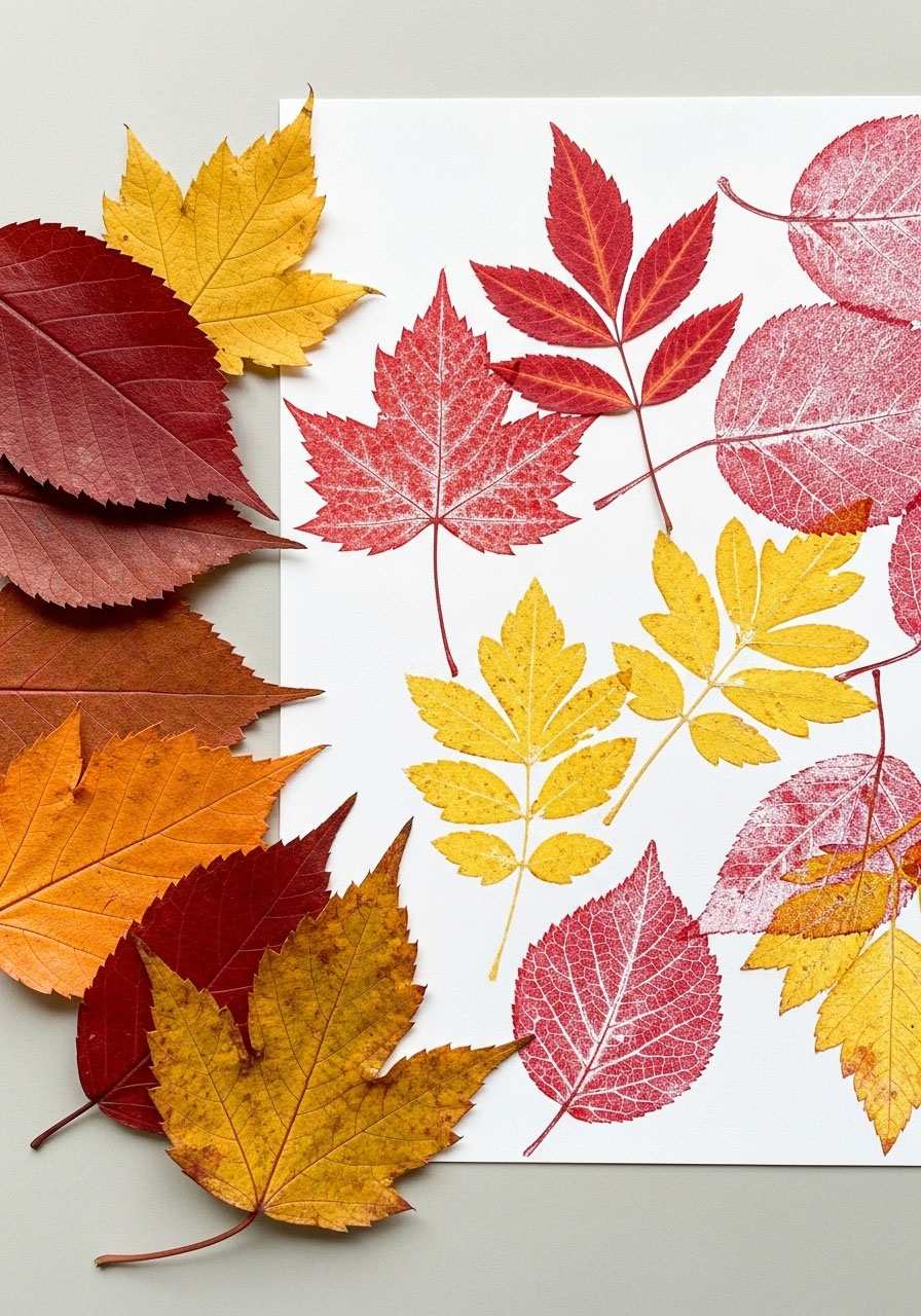 Fall leaf prints painting craft showing natural autumn leaf impressions for kids