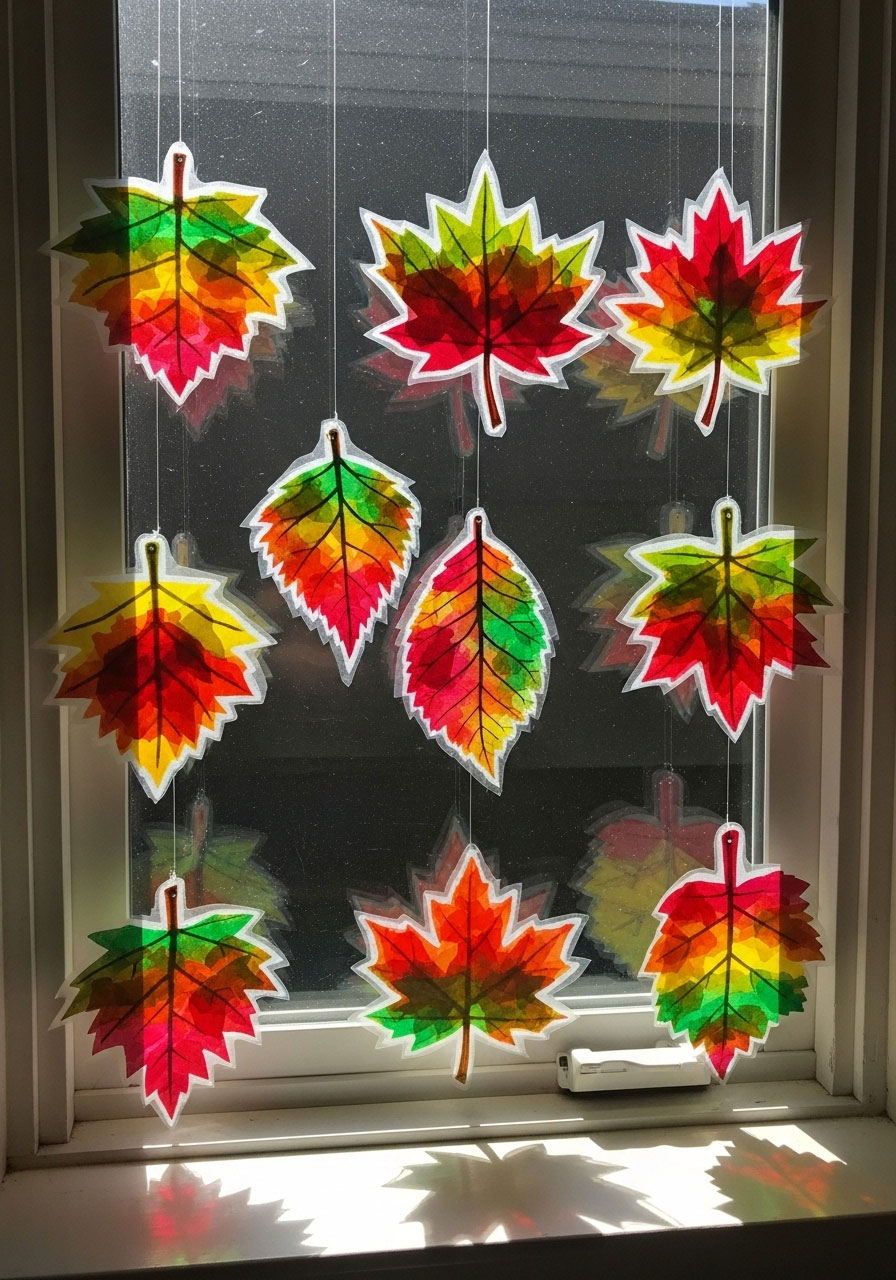 Fall leaf suncatchers craft with tissue paper creating stained glass effect for kids