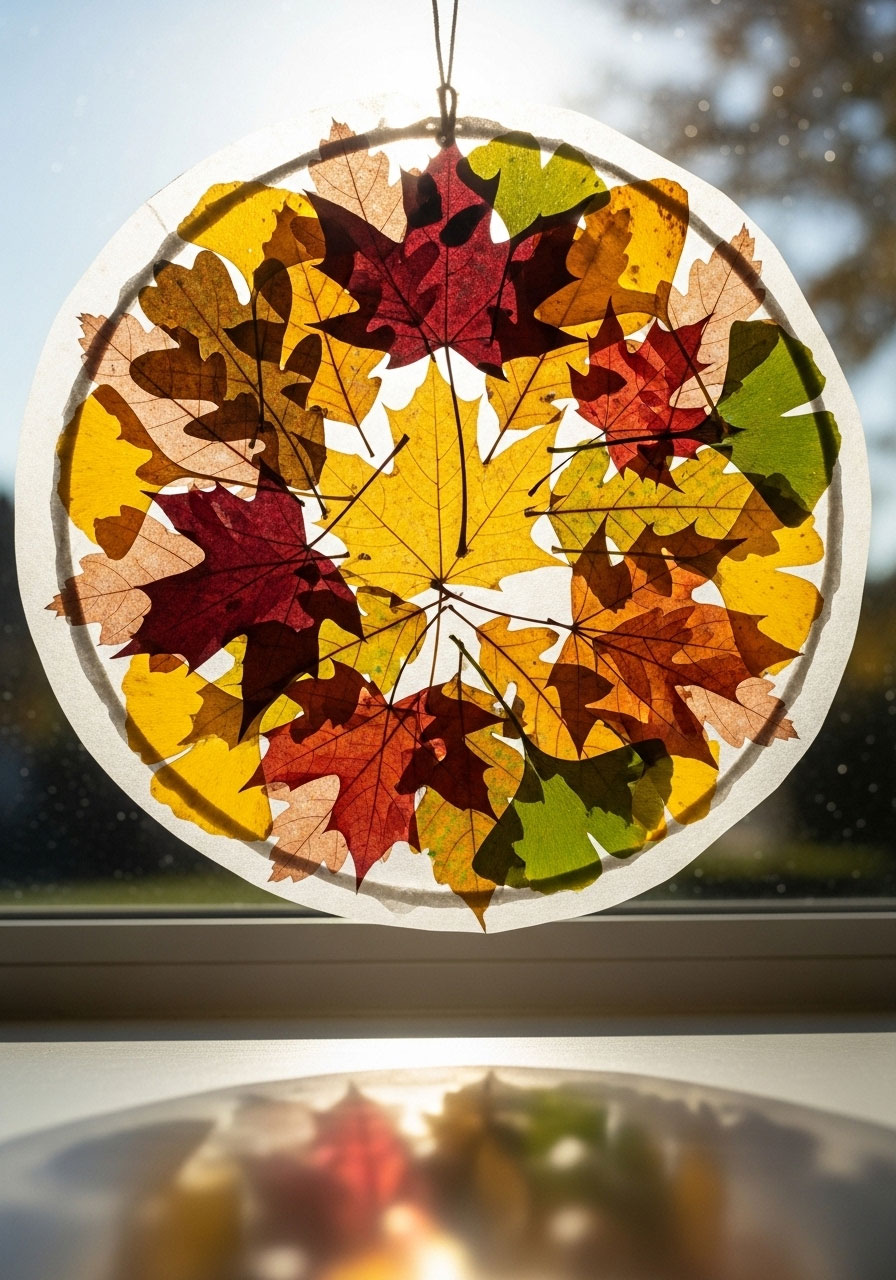 Fall leaf wax paper suncatcher craft with pressed autumn leaves for kids