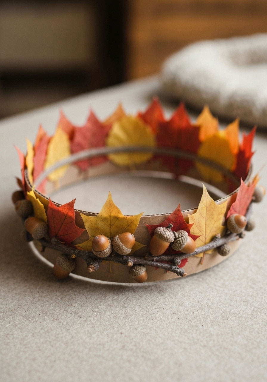 Fall nature crown craft decorated with real autumn leaves for children