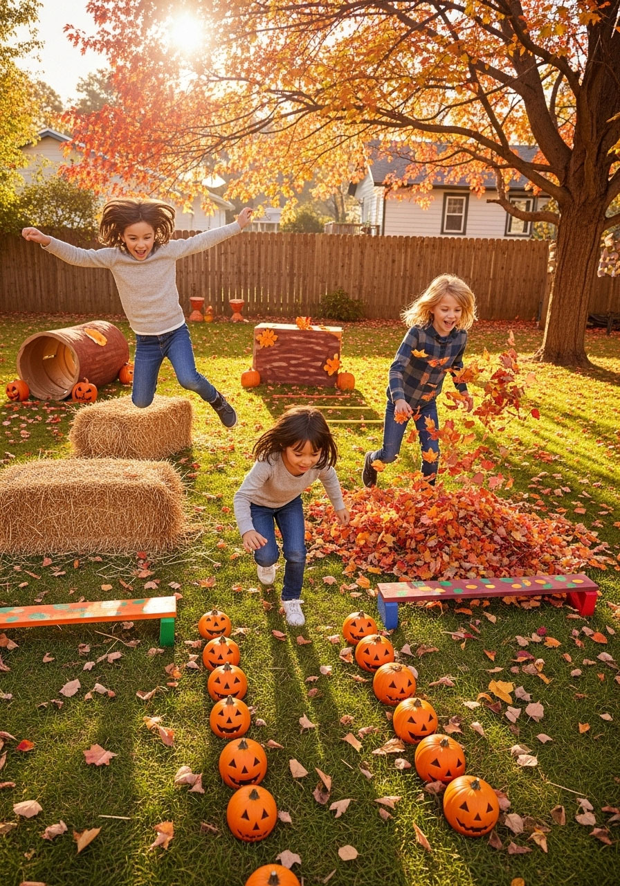 Children running through autumn themed backyard obstacle course with hay bale hurdles, leaf piles, and pumpkin challenges