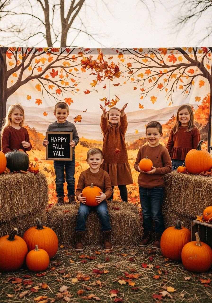Children posing with fall props at decorated outdoor photo booth with pumpkins, hay bales, and autumn themed backdrop