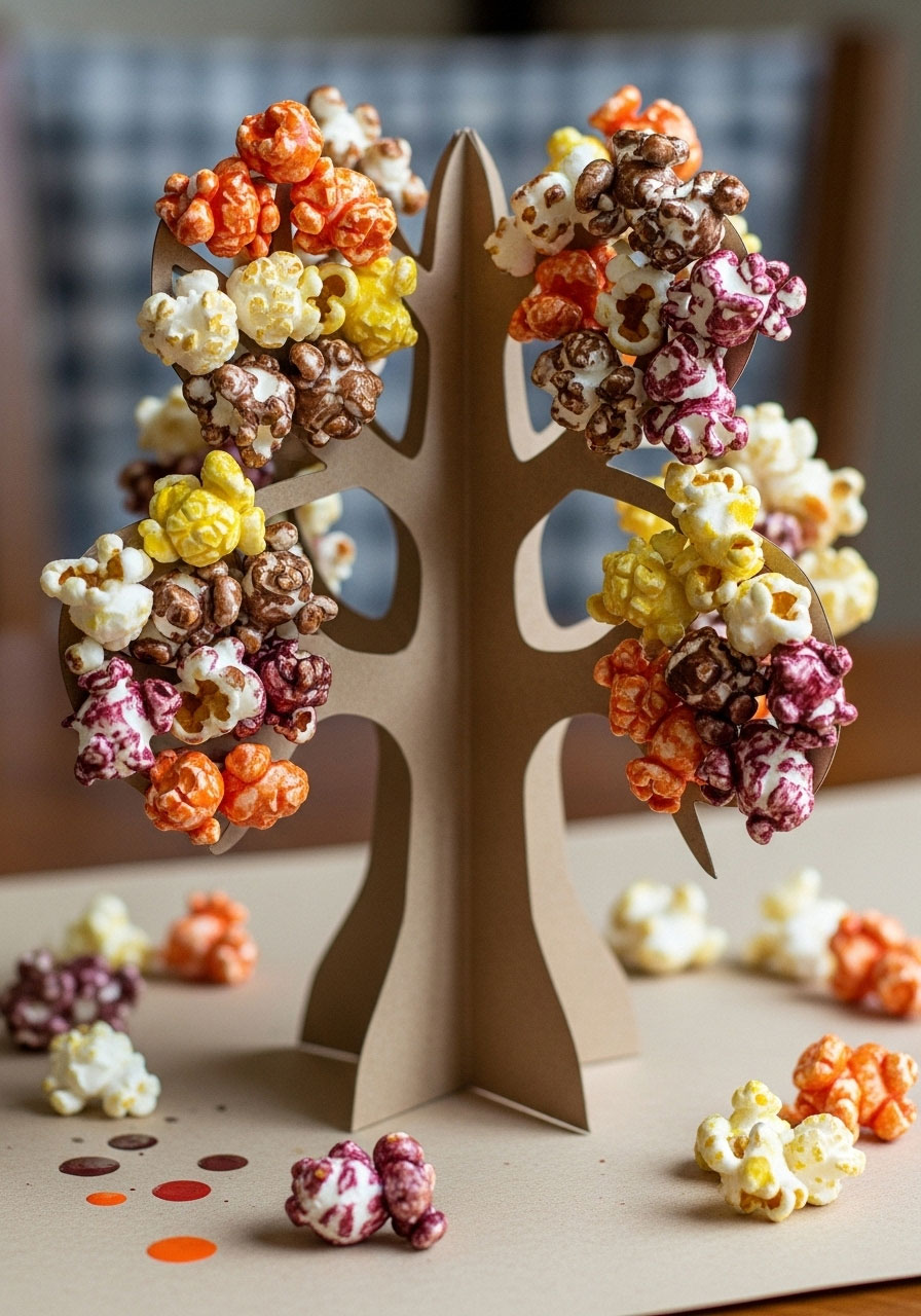 Fall popcorn tree craft with painted autumn texture for children
