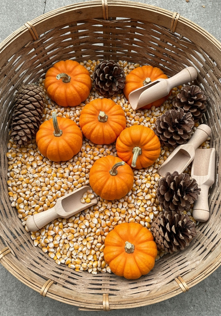 Fall sensory bin activity filled with autumn items for kids exploration