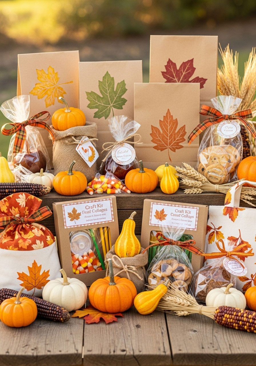 Assorted fall themed goodie bags and party favors with mini pumpkins, treats, and craft kits displayed on rustic table