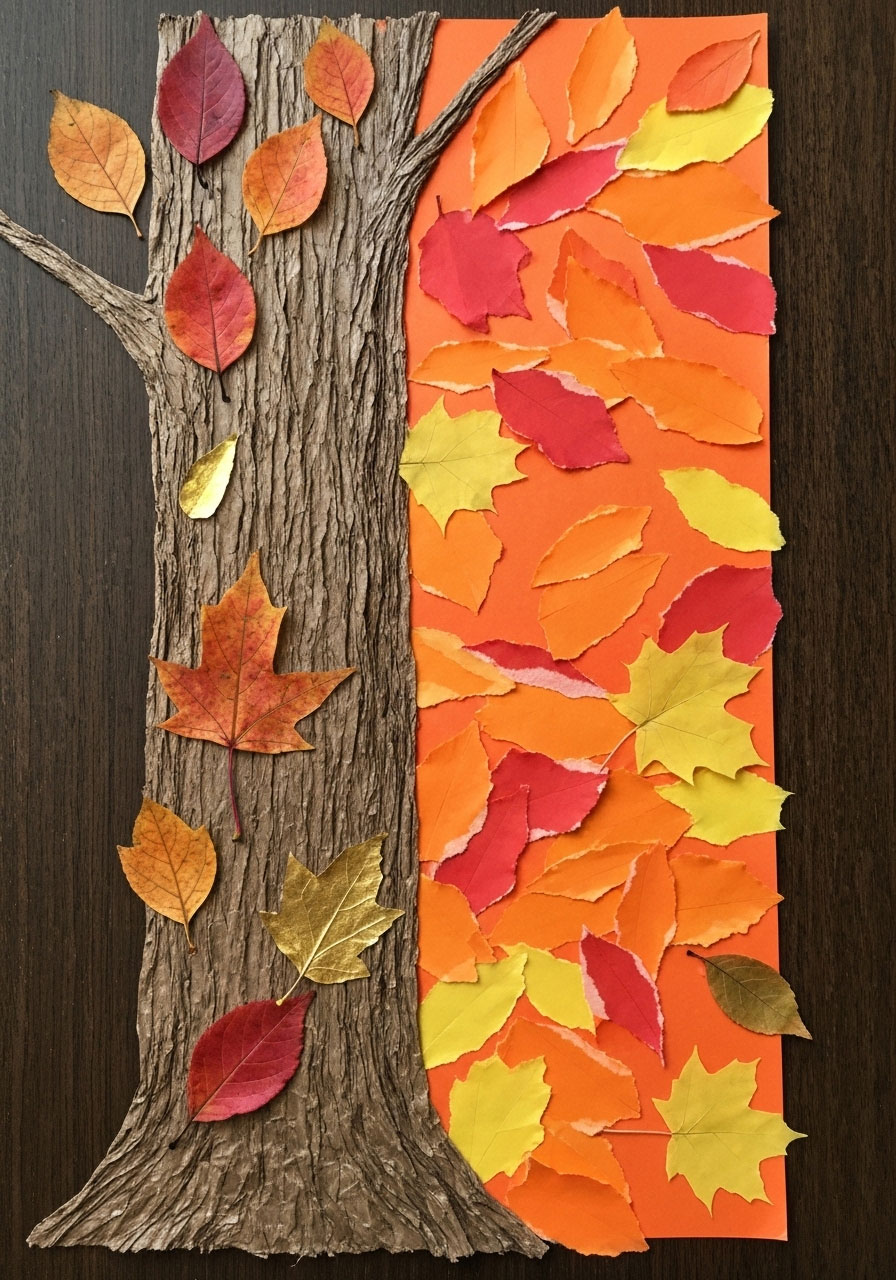 Fall tree collage craft with real leaves and paper for children
