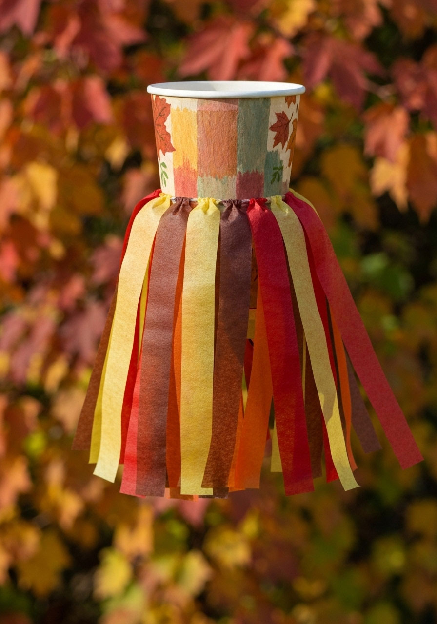 Fall wind sock craft with colorful streamers for outdoor autumn decoration