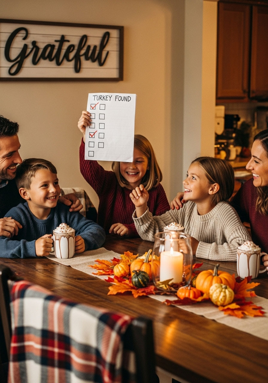 Family celebrating completed neighborhood turkey hunt with hot chocolate after Thanksgiving walk