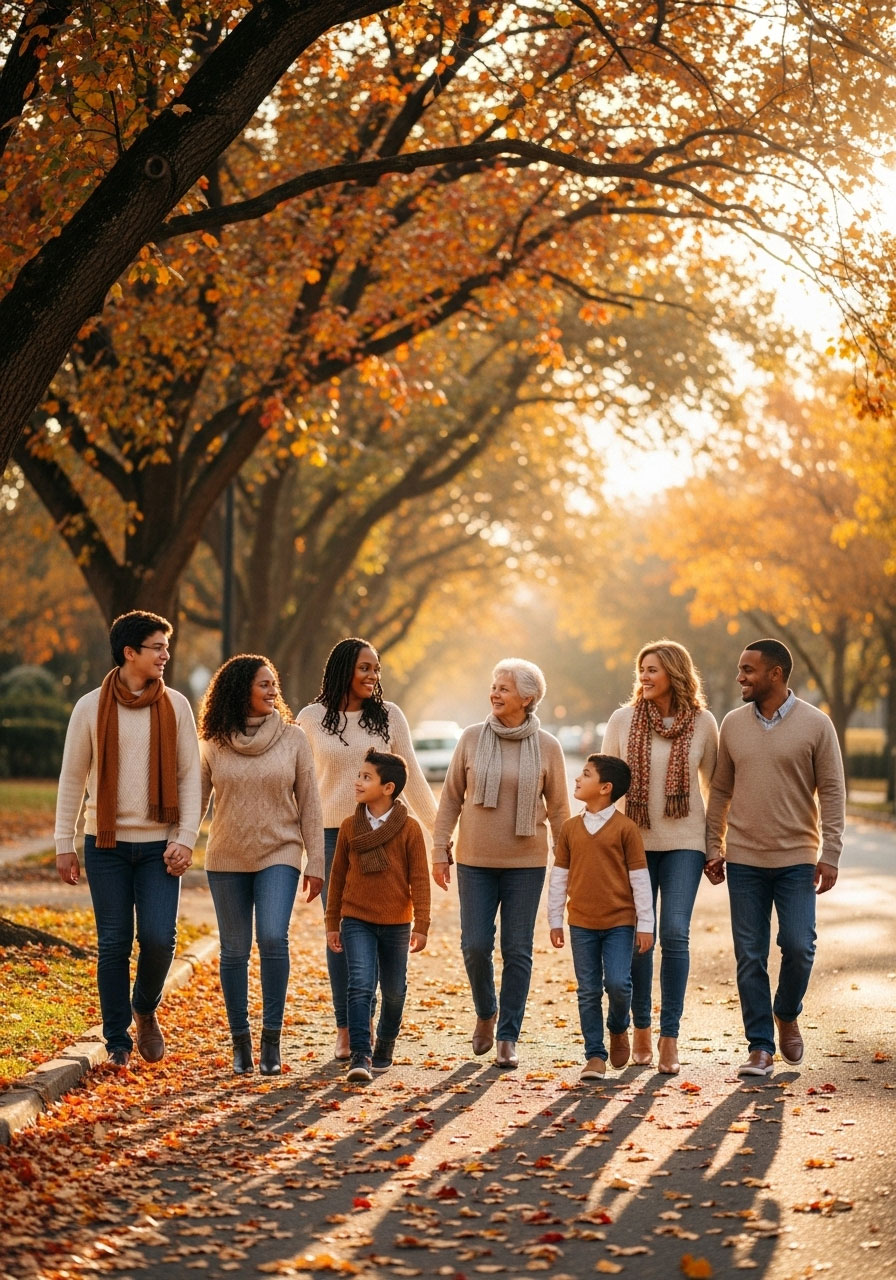 Multigenerational family taking a gratitude walk together through autumn neighborhood after Thanksgiving dinner, wearing cozy sweaters on leaf-covered sidewalk