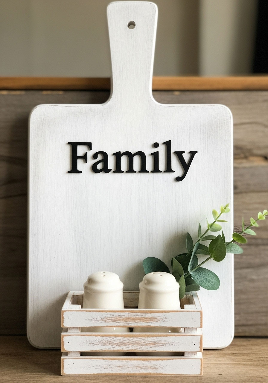 Family themed Dollar Tree cutting board kitchen caddy with attached crate for salt and pepper storage