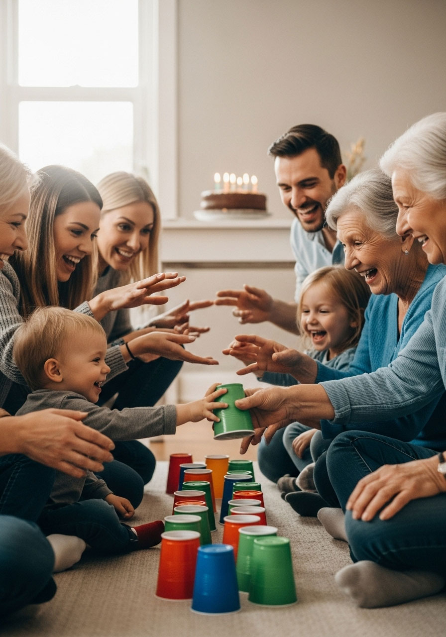 Multi-generational family enjoying Head Shoulders Knees Cup game together at birthday celebration