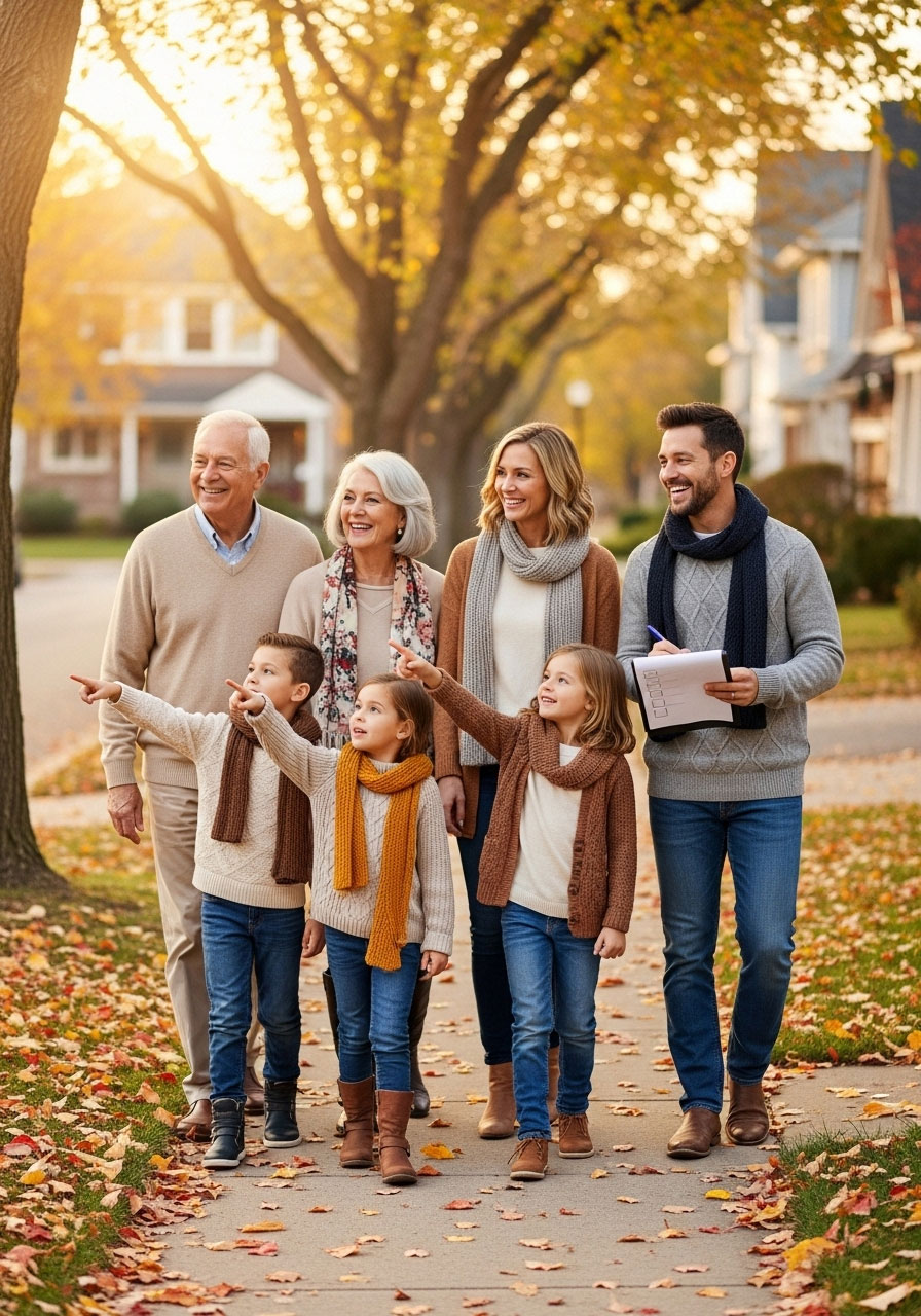 Multi-generational family walking together during neighborhood turkey hunt Thanksgiving activity with kids pointing at decorated houses