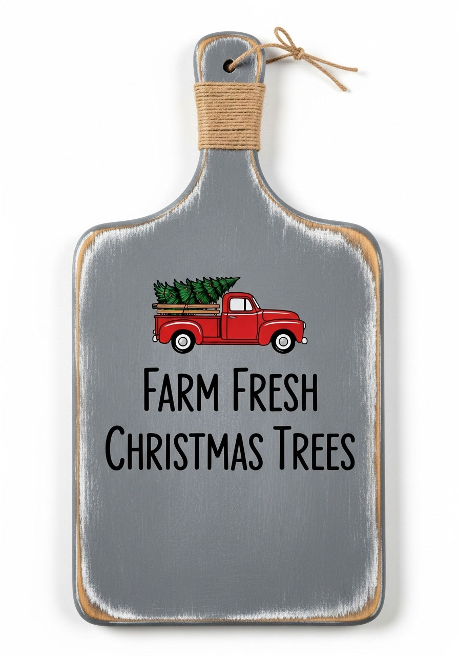 Farm Fresh Christmas Trees Dollar Tree cutting board sign with vintage red truck and distressed farmhouse finish