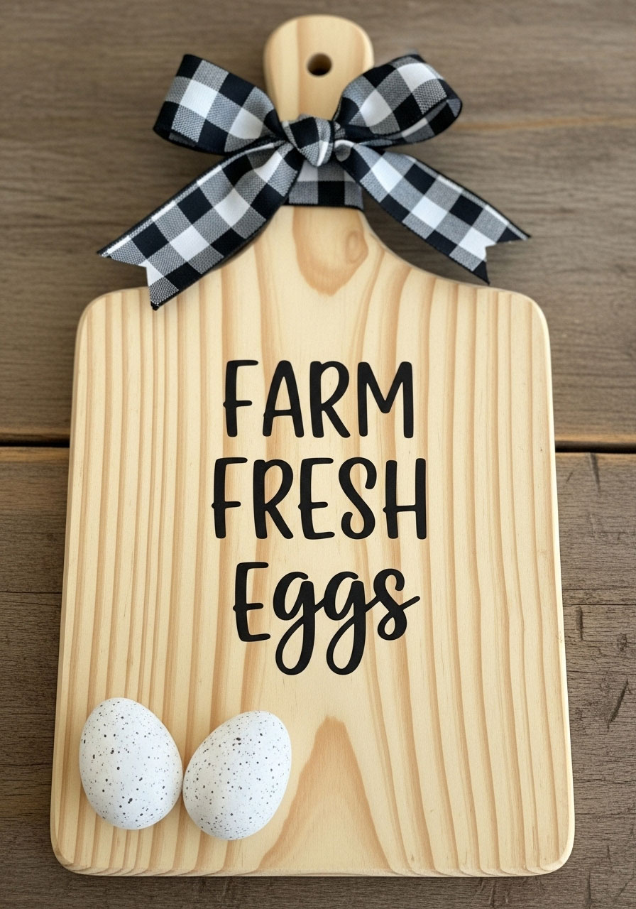 Farm Fresh Eggs Dollar Tree cutting board with speckled egg decorations and buffalo plaid ribbon for country kitchen