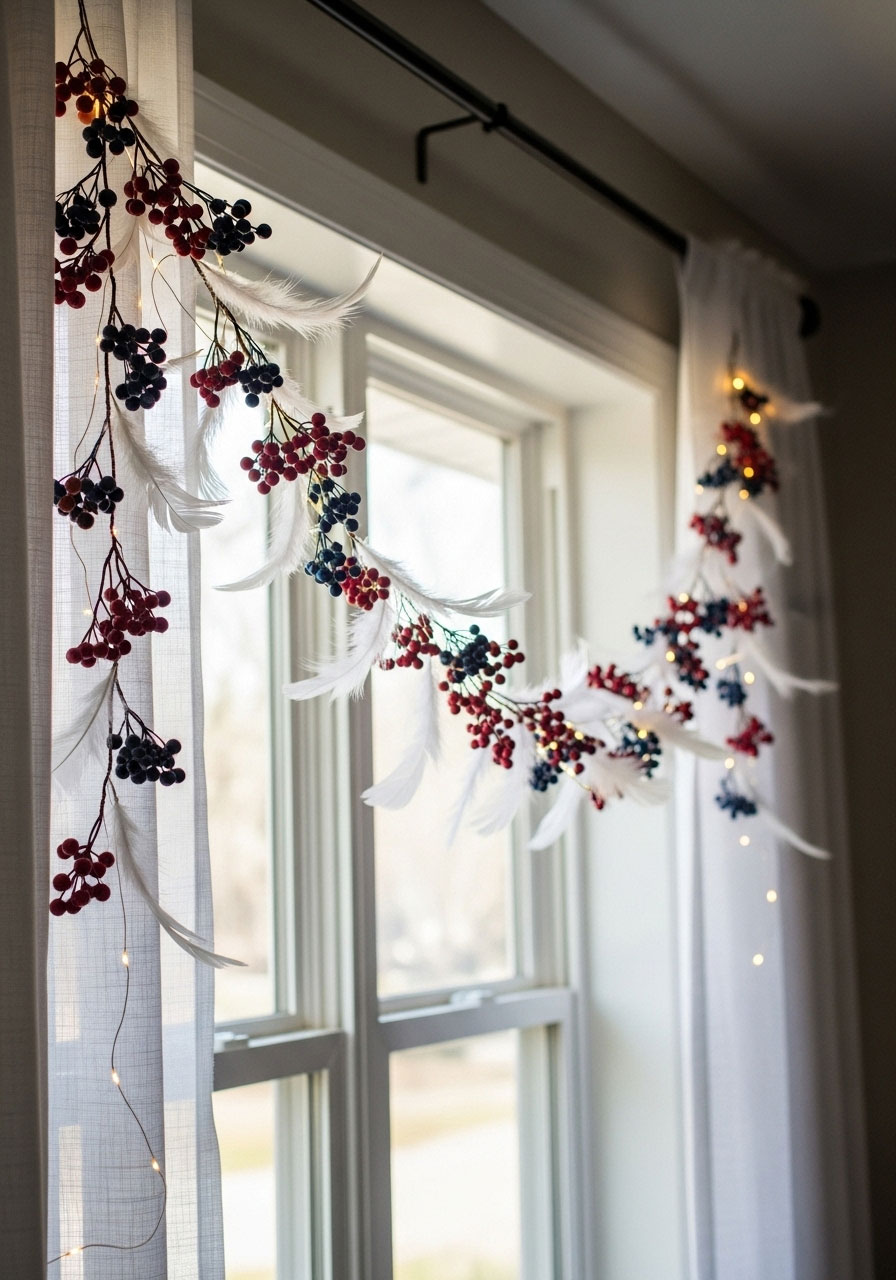 Finished feather and berries garland on window showing feathers with berry clusters in ethereal style