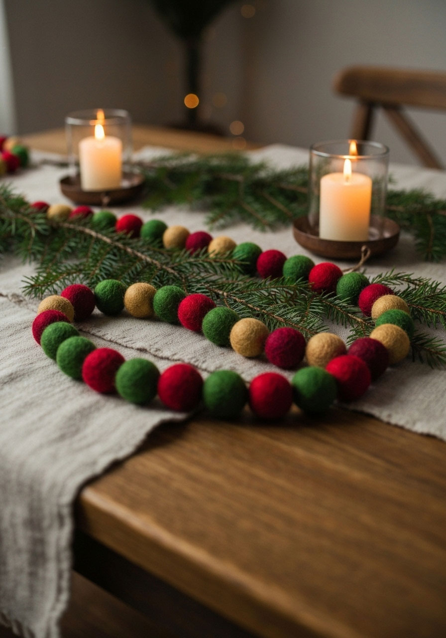Felt ball garland Christmas table runner centerpiece in festive colors with candles and greenery
