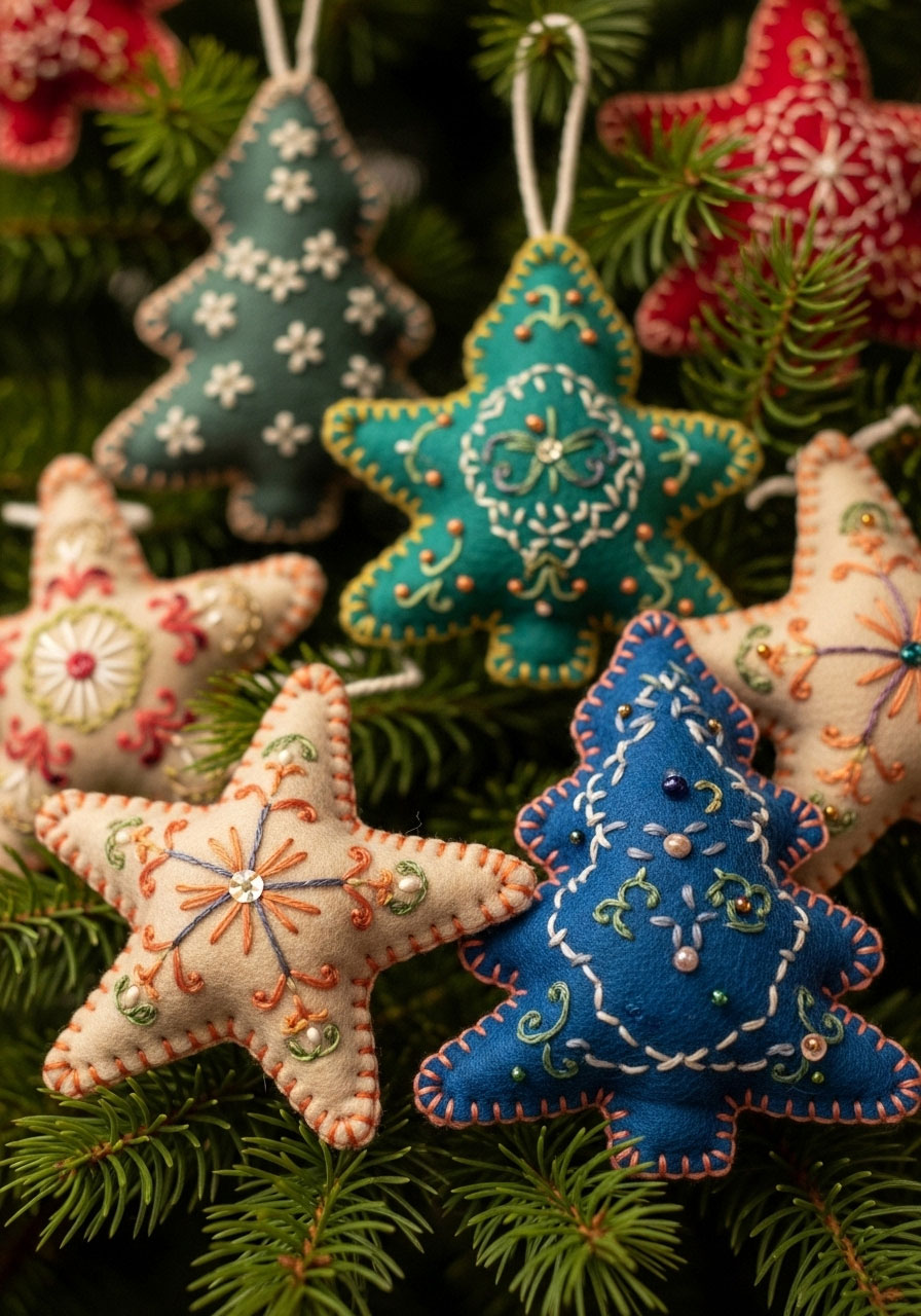 Felt Christmas ornaments handmade adult craft, soft unbreakable holiday decorations with embroidery details