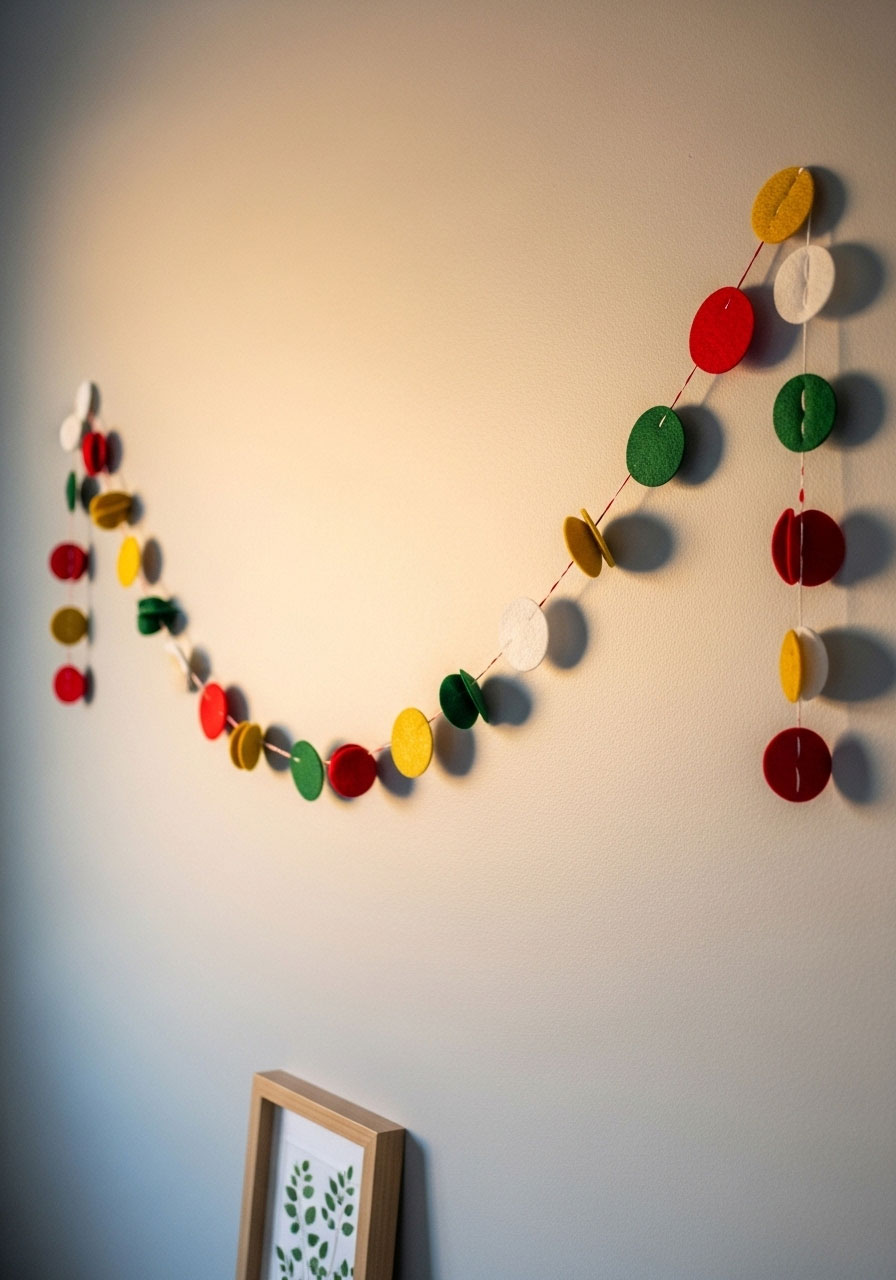 Finished felt circle garland on wall showing colorful circles with dimensional curling