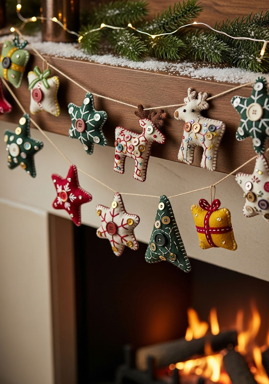 Finished felt ornament garland on mantle showing decorated ornaments with handmade details