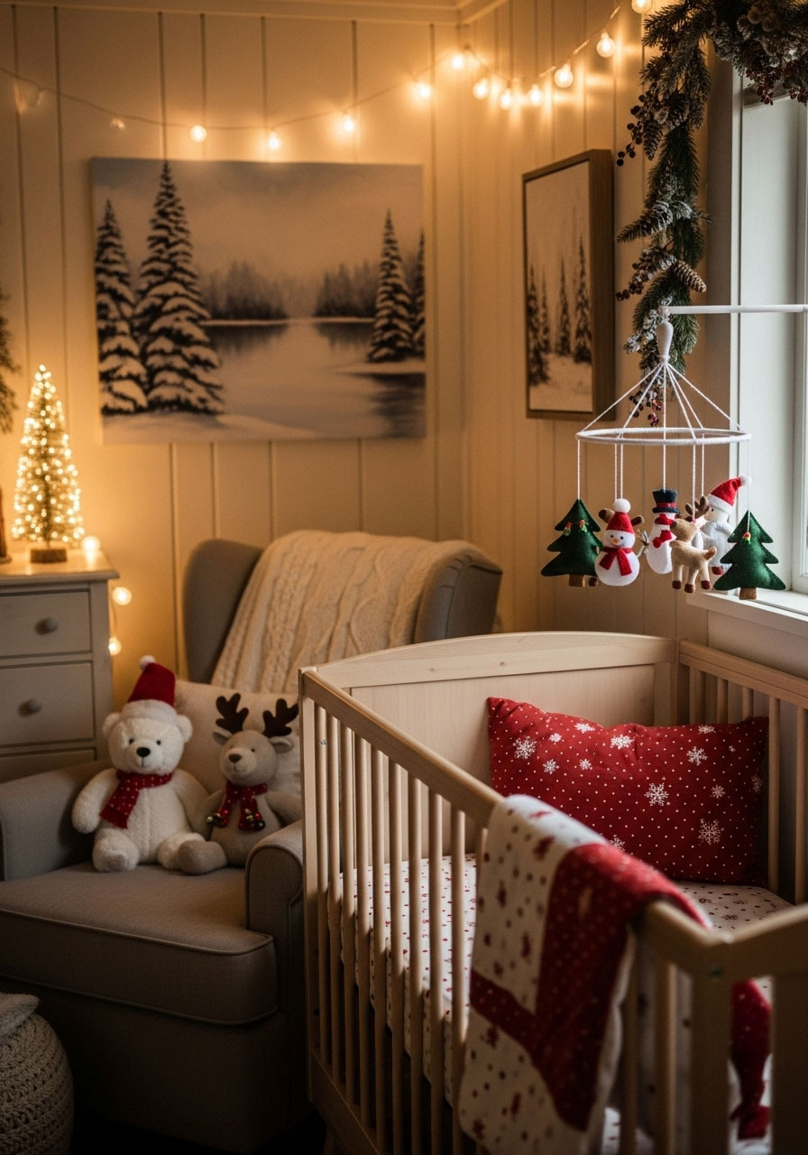 Gentle cabin nursery decorated for Christmas with soft festive bedding, holiday mobile, string lights, and soothing winter decor